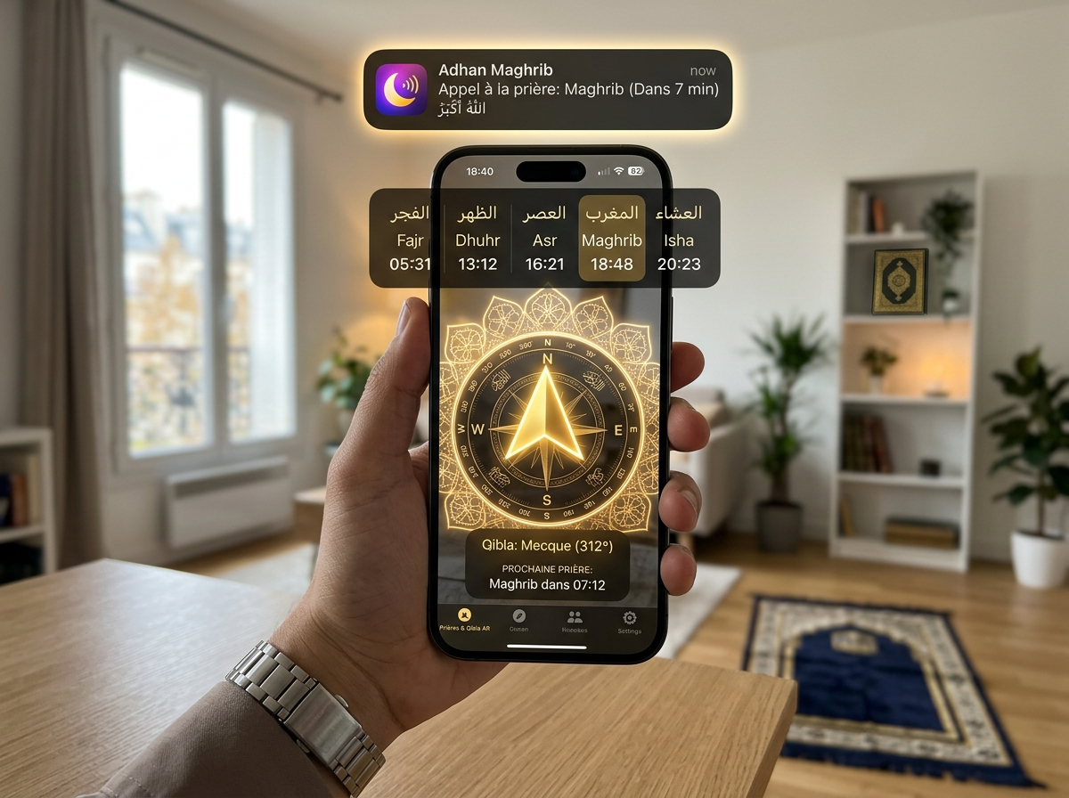 Heures de prière et compas de qibla en réalité augmentée
